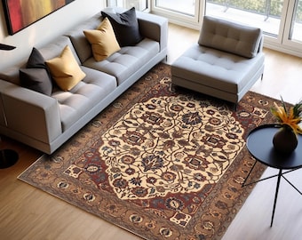 Floral Printed Rug, Beige and Brown Non-Slip Washable Carpet, Vintage Decor H-1096