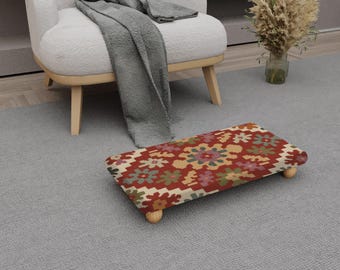 Wooden Footstool: Boho Peacock Print Cushion (Low Step Stool) H-746