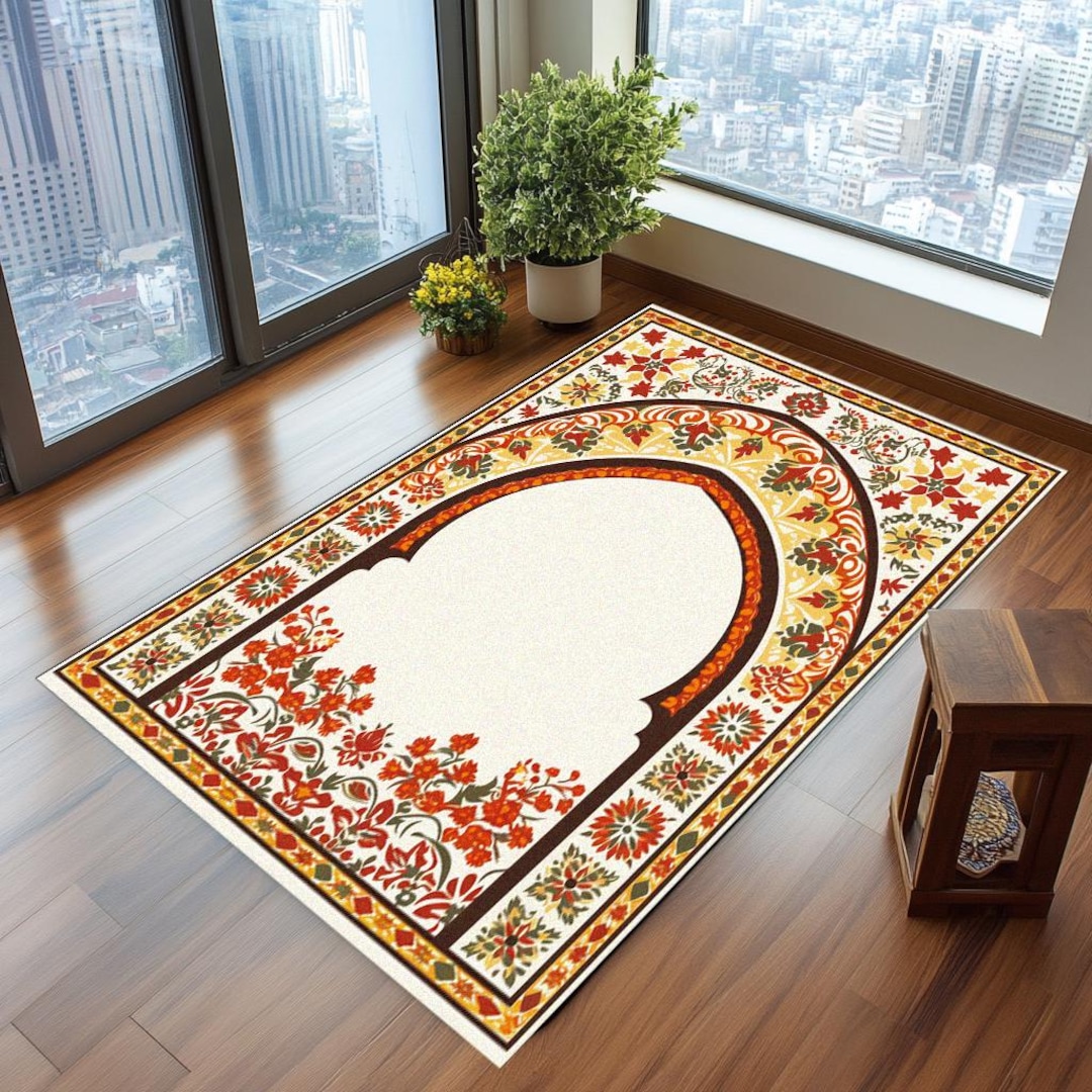 Round Islamic Rug Islamic Decor Prayer Rug, Rich Design Prayer Rug, Flower Print Janamaz ...