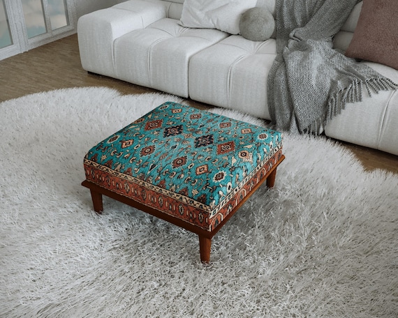 Vibrant Oriental Living Room Bench, Traditional Rug Pattern Ottoman, H-1103