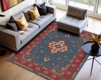 Blue Red Floral Patterned Rug, Non Slip Washable Carpet, Living Room Decor H-1074