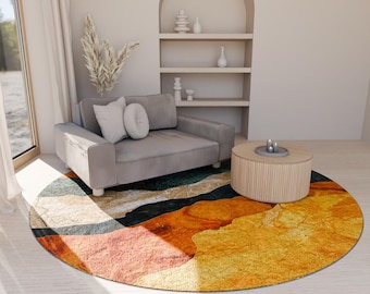 Nature View Rug, Modern Circle Rug, Gold Motif Rug, Game Room Rug, Entrance Round Rug, Living Room Rug, Digital Design Rug, Orange Rug