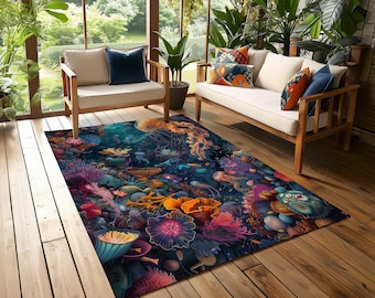 Underwater animals rug, Stylish rug, Ocean creatures rug, Non-slip rug, Machine washable rug, Sea animals rug, Ideal for patio rug, Area rug