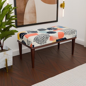 Modern abstract design bench, Multicolor geometric pattern bench, Elegance bench, Entryway bench seat, Statement accent stool, H-295