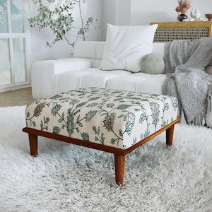 Otomana botánica hecha a mano en beige crema, banco bohemio verde, H-780