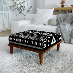 Black White Mudcloth Table Bench, Luxurious Wooden Ottoman, H-798