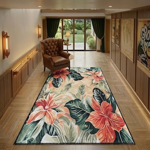 Aesthetic Rug, Orange Flower Rug, Beach House Decor, Movieroom Rug, Tropical Runner, Washable Rug, Coastal Large Rug, Modern Decor Runner