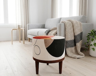 Black Red Shapes Round Pouf | Round Footstool Seat | Mid Century Entryway Decor