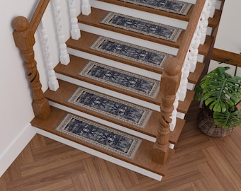 worn blue rug, bordered stair tread, bullnose stair tread, turkish rug runner, stale vintage rug, farmhouse stair tread, outdoor step decor
