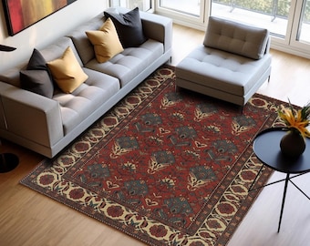 Red Teal Floral Mat, Non Slip Washable Area Carpet, Floor Decor, Elegant Living Room Layer H-1017