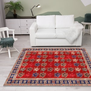 Tapete vermelho azul, tapete turco, tapete de área, tapete vintage, tapete de sala, tapete de quarto, tapete lavável, tapete antiderrapante, tapete Boho, tapete Boho