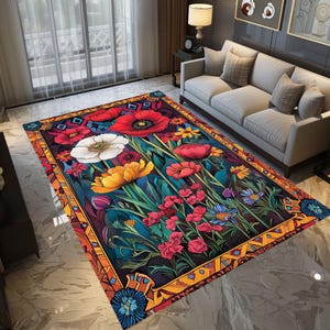 Living room rug, Contemporary rug, Floral rug, Botanical rug, Modern area rug, Colorful rug, Home decor, Non-slip rug, Machine washable rug