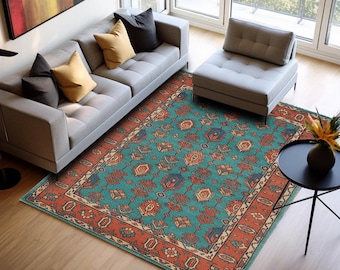 Rust and blue non slip rug, Elegant living room rug, Washable area rug, Printed runner rug, Bedroom decor rug, H-964