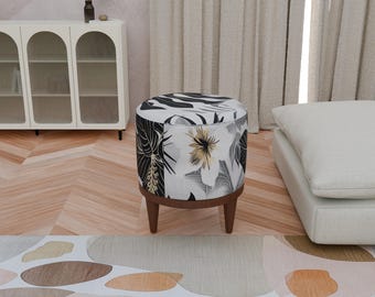 Black and white leaf design stool, Decorative round pouf, Elegance round pouf, Handmade ottoman pouf, Easy to clean bench, Cozy bench, H-16