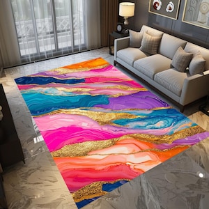 Modern artwork rug, Vibrant colors rug, Elegant decor rug, Sustainable rug, Rug for living room, Soft textured rug, Machine washable rug