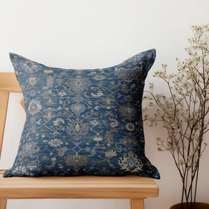 blue bedding pillow, nomadic rug pillow, rustic pillow, handmade pillow, washable cushion, kilim pillow, ottoman pillow, printed rug pillow
