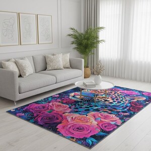 Rose pattern rug, Leopard print rug, Luxury rug, Modern home decor, Area rug, Non slip rug, Washable runner rug, Under bench rug, Boho rug