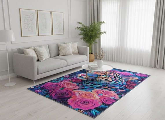 Rose pattern rug, Leopard print rug, Luxury rug, Modern home decor, Area rug, Non slip rug, Washable runner rug, Under bench rug, Boho rug
