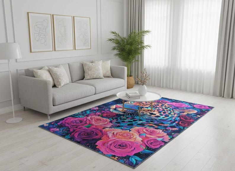 Rose pattern rug, Leopard print rug, Luxury rug, Modern home decor, Area rug, Non slip rug, Washable runner rug, Under bench rug, Boho rug