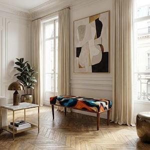 Banco tapizado de diseño abstracto, Banco multicolor, Banco puf con estilo, Muebles hechos a mano, Banco cómodo, Banco de dormitorio, H-333