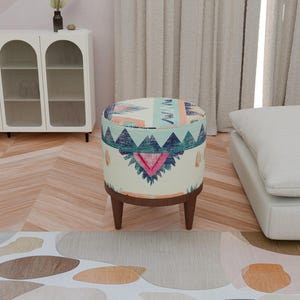 Kilim pattern pouf, Diningroom bench, Bespoke footstool, Small wood pouf, Livingroom footrest, Boho round stool, High end furniture, F-19