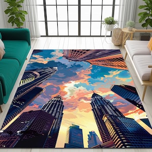 Könnte beinhalten: Ein bunter Teppich mit einem Stadtbild-Design, das hohe Gebäude vor einem blauen Himmel mit weißen Wolken zeigt. Die Gebäude sind im Cartoon-Stil dargestellt und scheinen zum Himmel zu ragen.