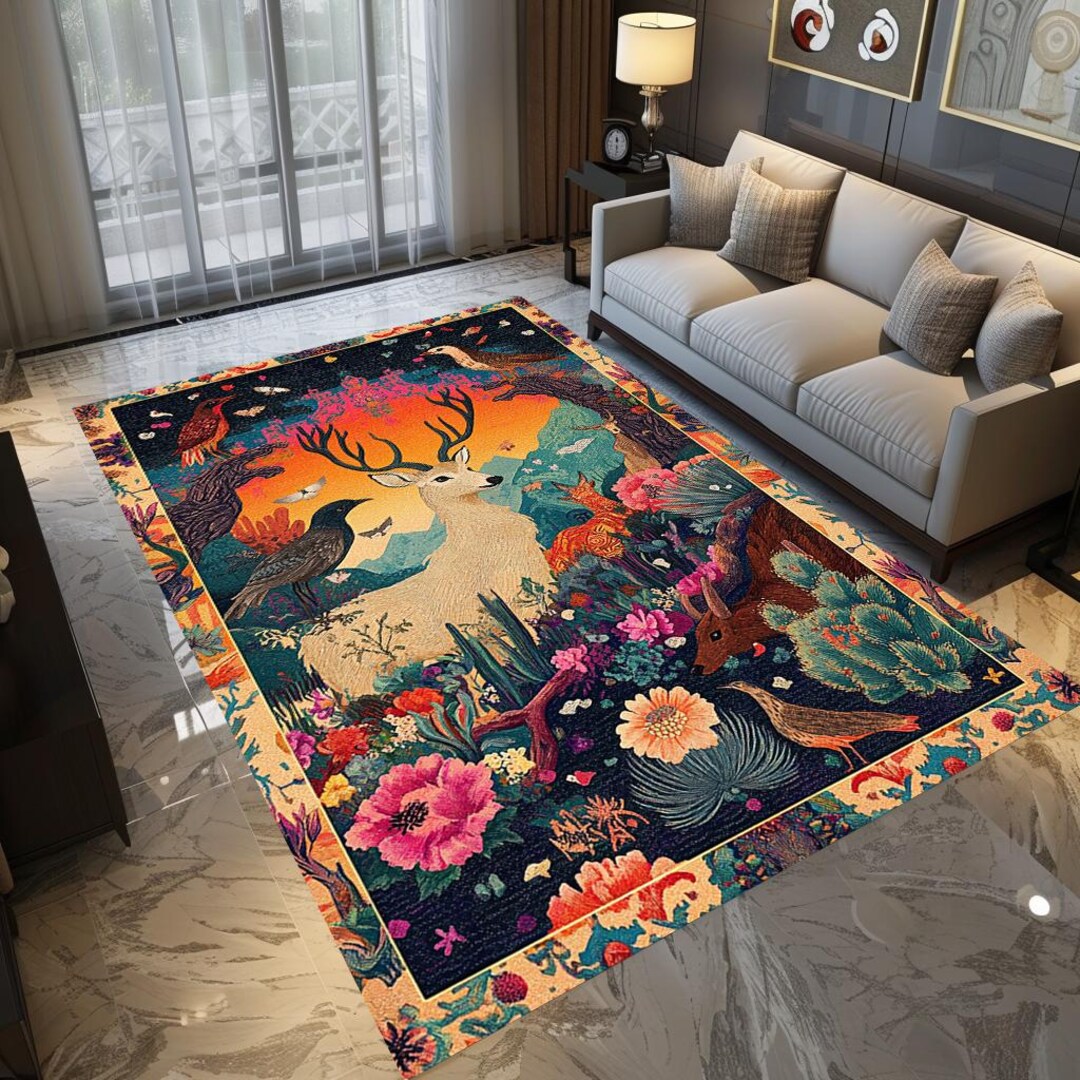 Rug With Deer, Rustic Home Decoration, Animal Print Rug, Contemporary ...