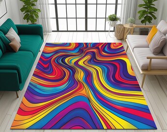 Könnte beinhalten: Abstrakter Teppich mit einem bunten, wellenförmigen Design in Rot-, Orange-, Gelb-, Blau-, Lila- und Schwarztönen.
