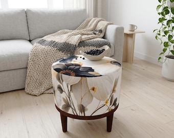 Grey Gold Anemone Round Pouf | Accent Stool Footrest | Modern Bedroom Decor