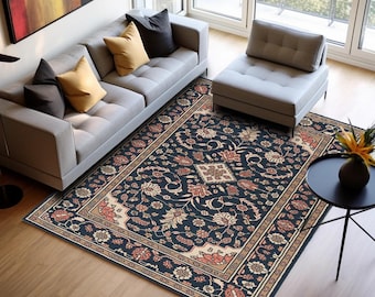 Navy Floral Printed Rug, Non-Slip Washable Area Carpet, Living Room Layer H-1076