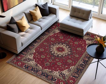 Red Traditional Rug, Vintage Oriental Mat, Washable Non Slip Floral Carpet, Elegant Design H-1014