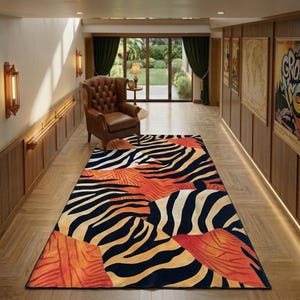 a hallway with a large rug featuring a zebra print design in black, white, and orange colors. The rug is placed on a wooden floor, and there is a leather armchair in the background. The hallway also has a sliding glass door and wooden paneling on the walls.