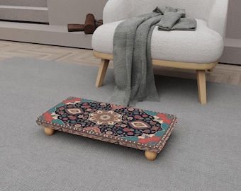 Multicolor Patterned Footstool, Beech Wood Legs Upholstered Cushion, H-1107