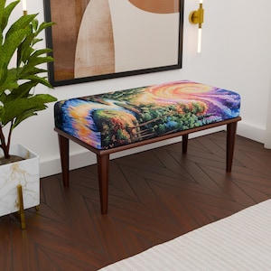 Nature inspired print upholstered bench, Modern colorful bench, Handmade accent bench, Stylish bedroom bench, Comfortable bench, H-195