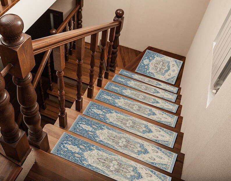 navy blue stair rug, indoor stair tread, gothic decor rug, rug for stair landing, non skid rugs, library step rug, durable  boho rug