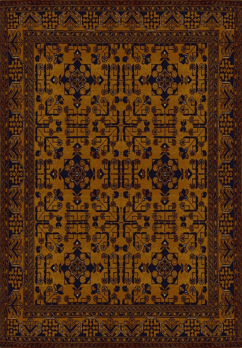 May include: A brown and black patterned rug with a geometric design. The rug has a central medallion with a repeating pattern of stylized flowers and leaves.