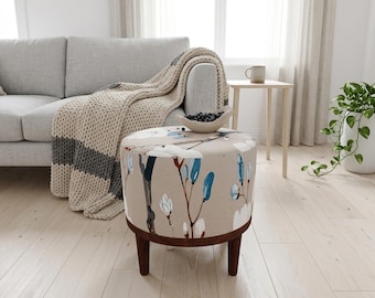 Blue Blossom Branch Round Pouf | Bedroom Ottoman Footrest | Botanical Bedroom Decor