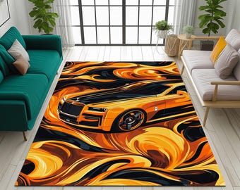 Luxury car print rug, Orange black rug, Stylish area rug, Modern decor rug, Eco-friendly rug, Durable non-slip rug, Machine washable rug