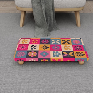 Pink Retro Foot Stool for Bed | Patchwork Pattern Stepstool | H-1642