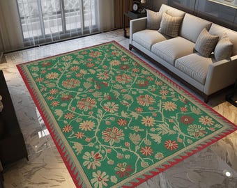 Green Floral Oushak Rug, Washable Non-Slip Botanical Vintage Style Area Mat H-982