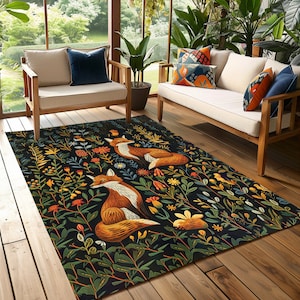 Floral Animal Rug, Orange Fox Rug, Washable Patio Rug, Gift for Office ...