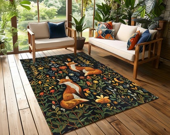 Floral animal rug, Orange fox rug, Washable patio rug, Gift for office, Printed rug, Decorative rug, Fox and flowers rug, Whimsical fox rug