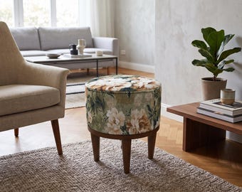 Green Rose Garden Round Pouf | Hallway Stool Seat | Cottagecore Living Room Decor