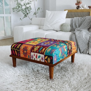 Colorful Patchwork Vanity Bench, Eclectic Floral Handmade Ottoman, H-829