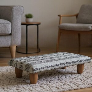 Neutral Geometric Pattern Low Step Stool with Beech Wood Legs, Handmade Minimalist Footrest Platform for Modern Home or Entryway Decor H-756