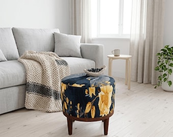 Navy Gold Poppy Round Pouf | Hallway Stool Seat | Dark Academia Bedroom Decor