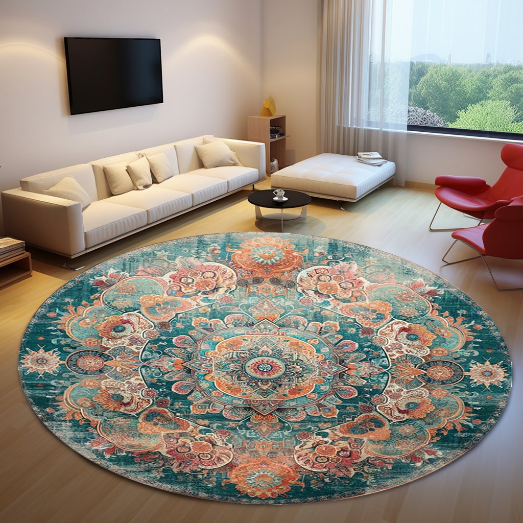 Turquoise Circle Rug, Floral Medallion Rug, Bordered Round Rug, Worn ...