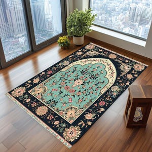 Islamic prayer rug with tradtional motifs, Orthopedic prayer rug, Custom prayer rug, Elegance sajadah, Luxury janamaz, Thick sajadah