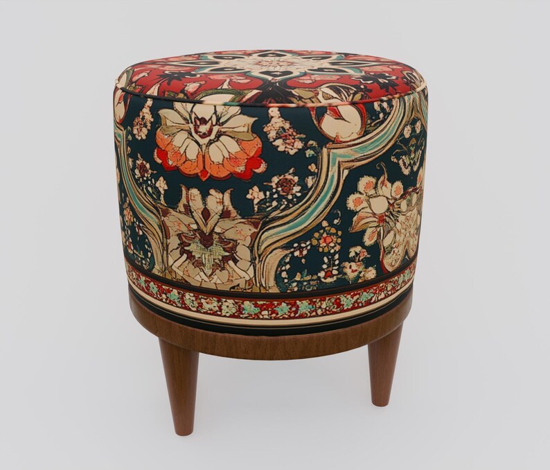Ethnic design pouf, Floral footstool, Round ottoman bench, Gothic footrest, Living room furniture, Rustic hall stool, Round plant stand, F-9