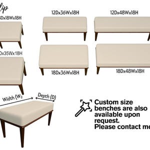 various sizes of ottomans and benches, along with their corresponding dimensions and a note that custom size benches are also available upon request.